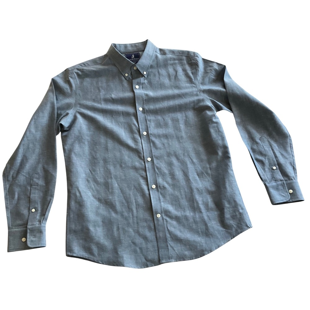 Wool & Prince Button Down Mens Large Blue Wool Linen Regular Fit Shirt
